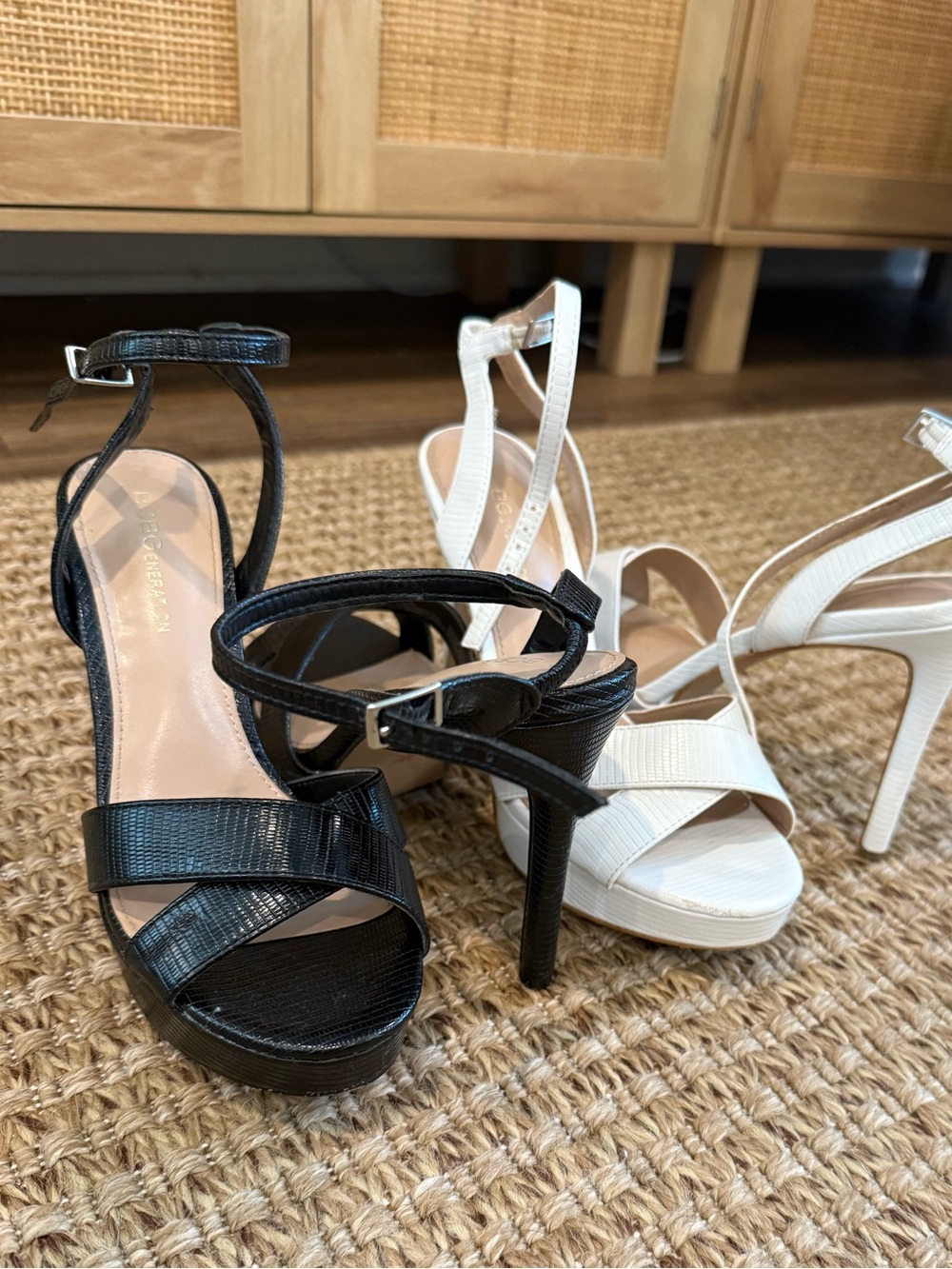 BCBGeneration Black and White Cross-Strap Platform Heels